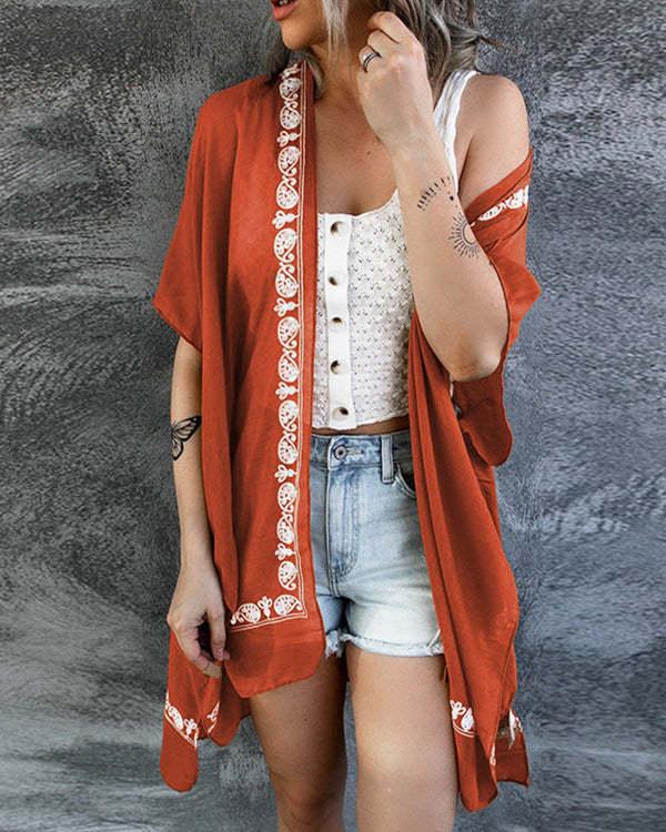 loose beach floral printed short sleeve cardigan