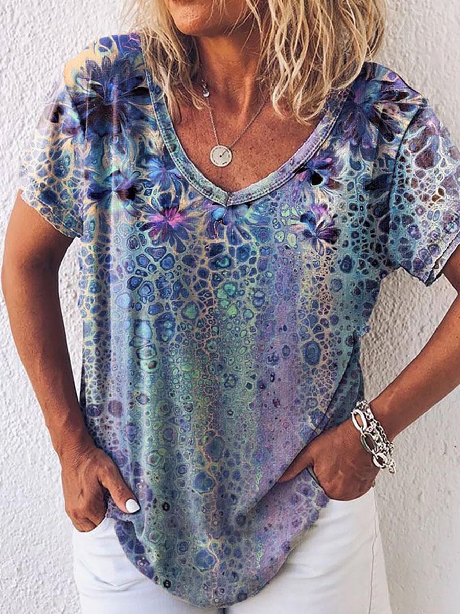 Textured Printed V-neck Short-sleeved Fashion T-shirt