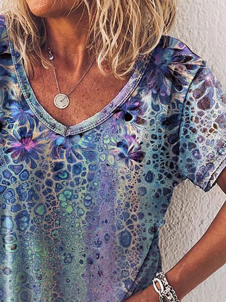 Textured Printed V-neck Short-sleeved Fashion T-shirt
