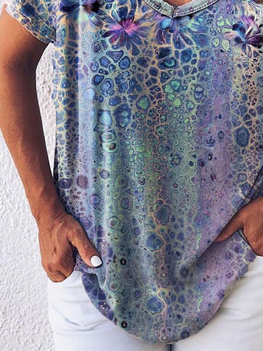 Textured Printed V-neck Short-sleeved Fashion T-shirt
