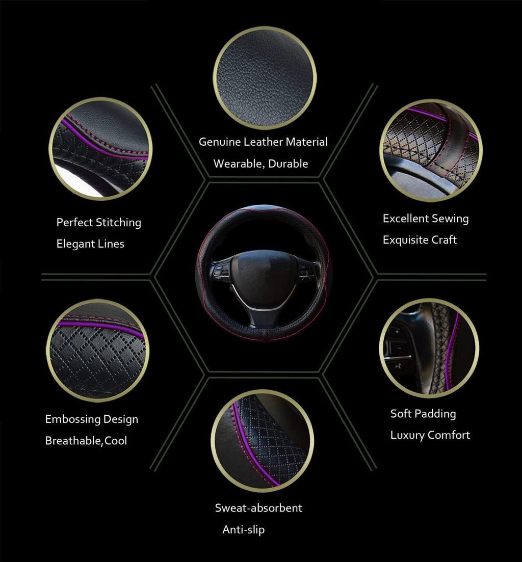 Gomass Car Steering Wheel Cover, Anti-Slip, Safety, Soft, Breathable, Heavy Duty, Thick, Full Surround, Sports Style (Black with Purple line)