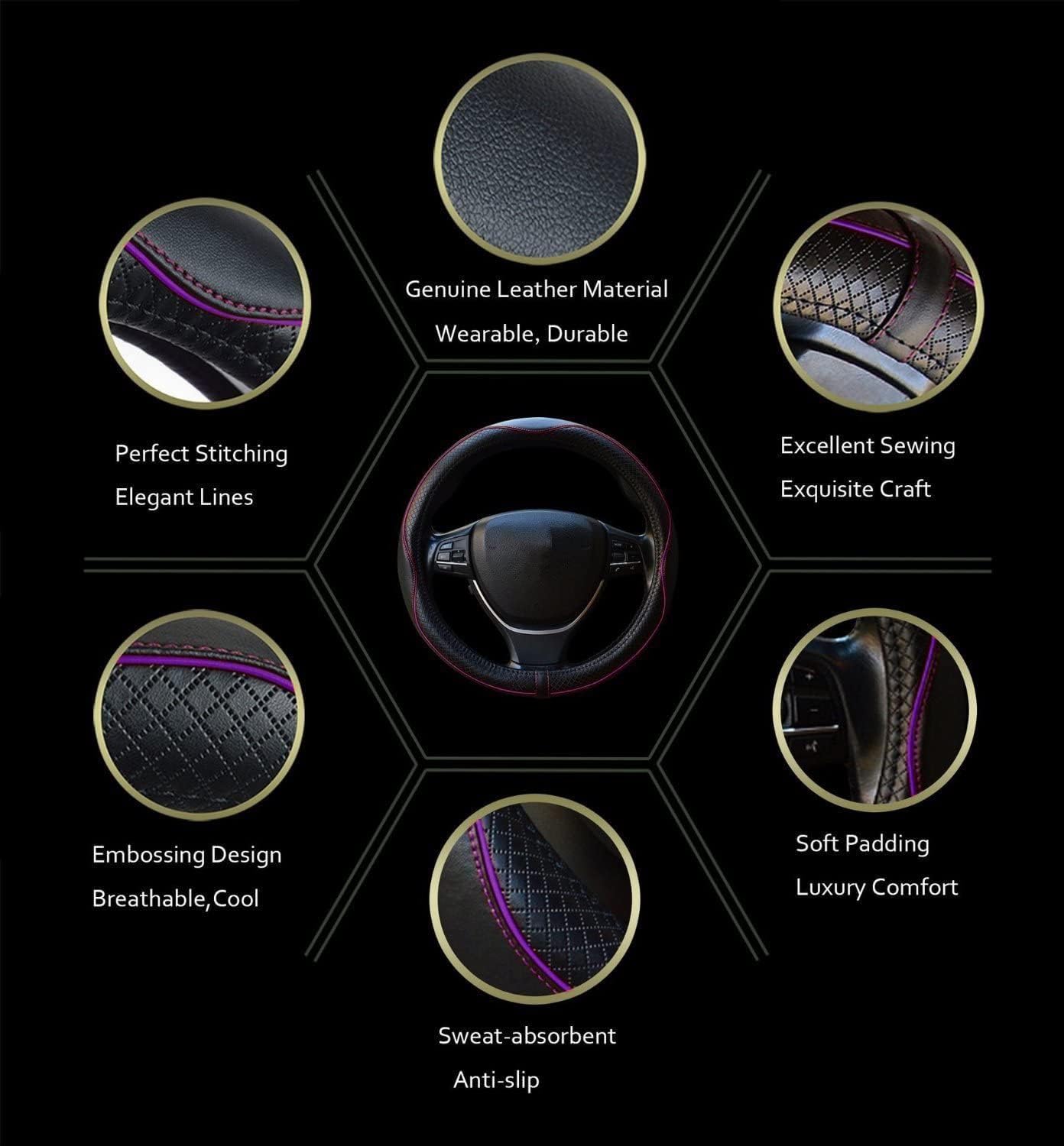 Gomass Car Steering Wheel Cover, Anti-Slip, Safety, Soft, Breathable, Heavy Duty, Thick, Full Surround, Sports Style (Black with Purple line)