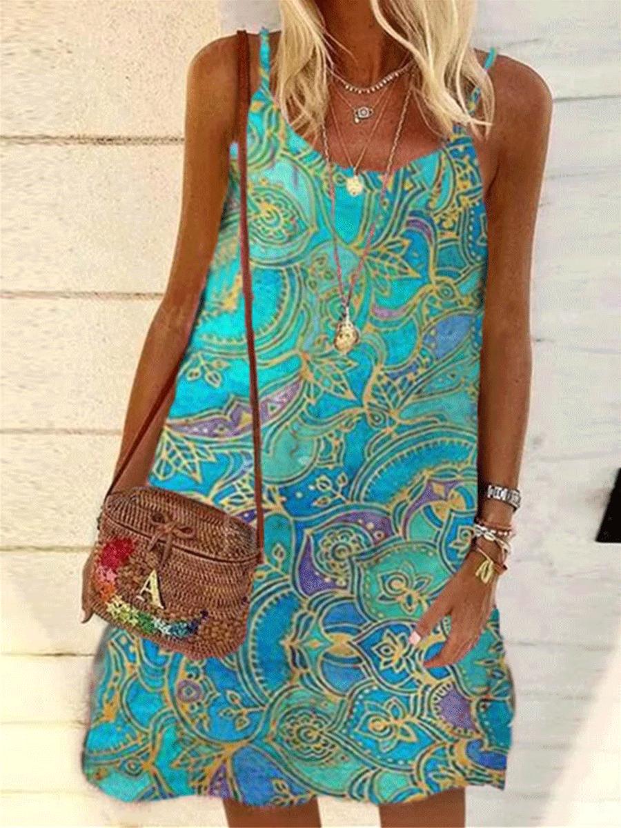 Printed Loose Strap Chiffon Print Shift Dress