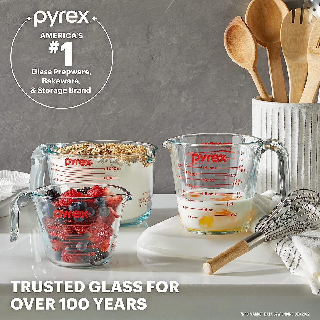 Pyrex 4-Cup Glass Measuring Cup For Baking and Cooking, Dishwasher, Freezer, Microwave, and Preheated Oven Safe, Essential Kitchen Tools