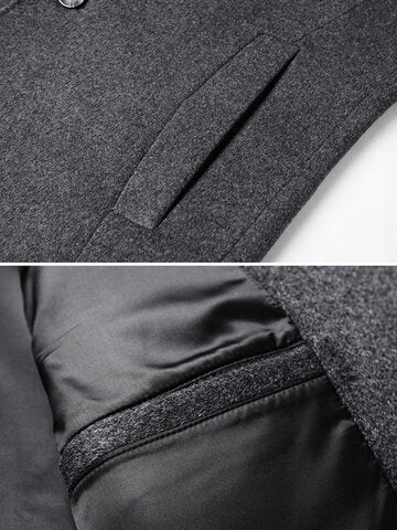 mens pure color stand collar single breasted warm woolen overcoats