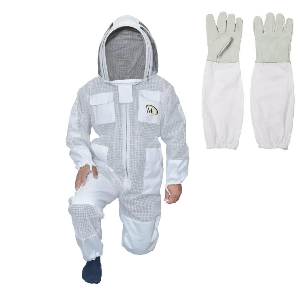MS Professional 3 Layer Bee Suit Apiarist Ventilated Beekeeper Protective Suit with One Pair Gloves Apiary Beekeeping Suit Bee Sting Proof Suit with Fencing Veil (X-Large, White)