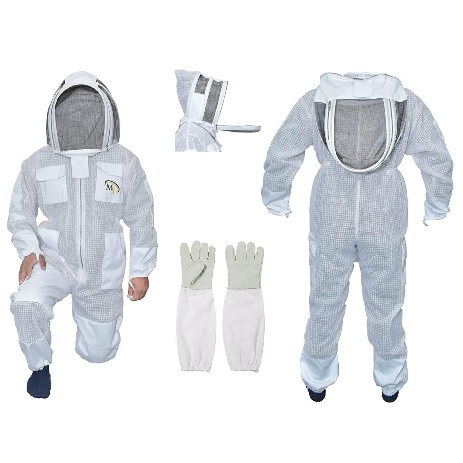 MS Professional 3 Layer Bee Suit Apiarist Ventilated Beekeeper Protective Suit with One Pair Gloves Apiary Beekeeping Suit Bee Sting Proof Suit with Fencing Veil (X-Large, White)