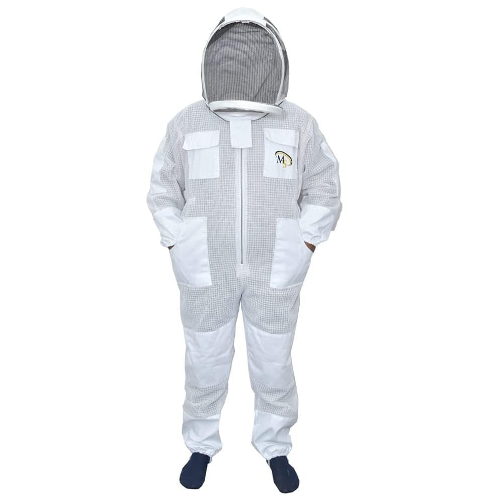 MS Professional 3 Layer Bee Suit Apiarist Ventilated Beekeeper Protective Suit with One Pair Gloves Apiary Beekeeping Suit Bee Sting Proof Suit with Fencing Veil (X-Large, White)