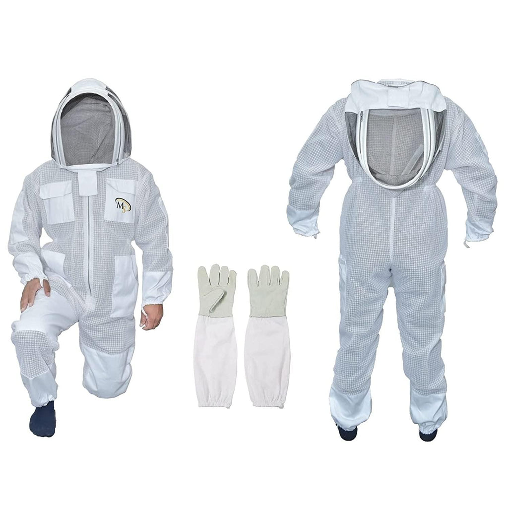 MS Professional 3 Layer Bee Suit Apiarist Ventilated Beekeeper Protective Suit with One Pair Gloves Apiary Beekeeping Suit Bee Sting Proof Suit with Fencing Veil (X-Large, White)