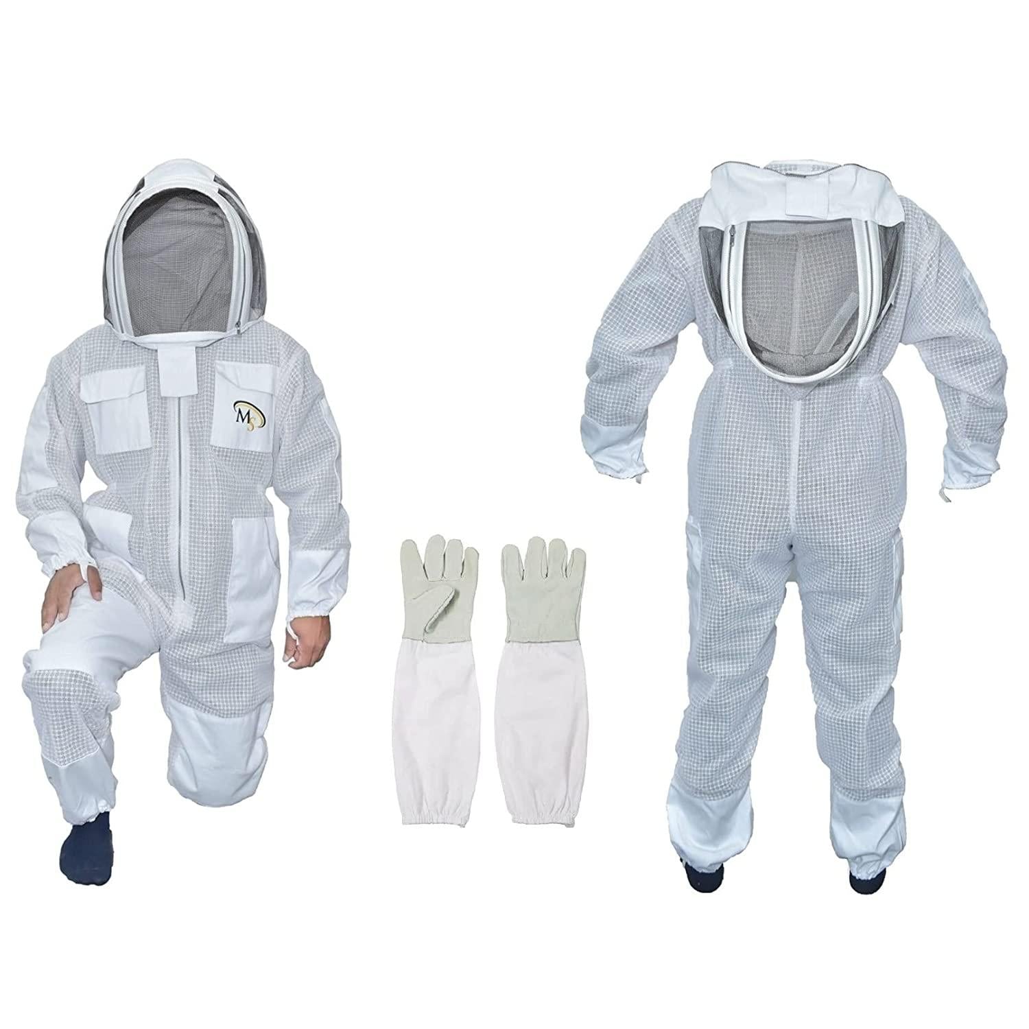 MS Professional 3 Layer Bee Suit Apiarist Ventilated Beekeeper Protective Suit with One Pair Gloves Apiary Beekeeping Suit Bee Sting Proof Suit with Fencing Veil (X-Large, White)