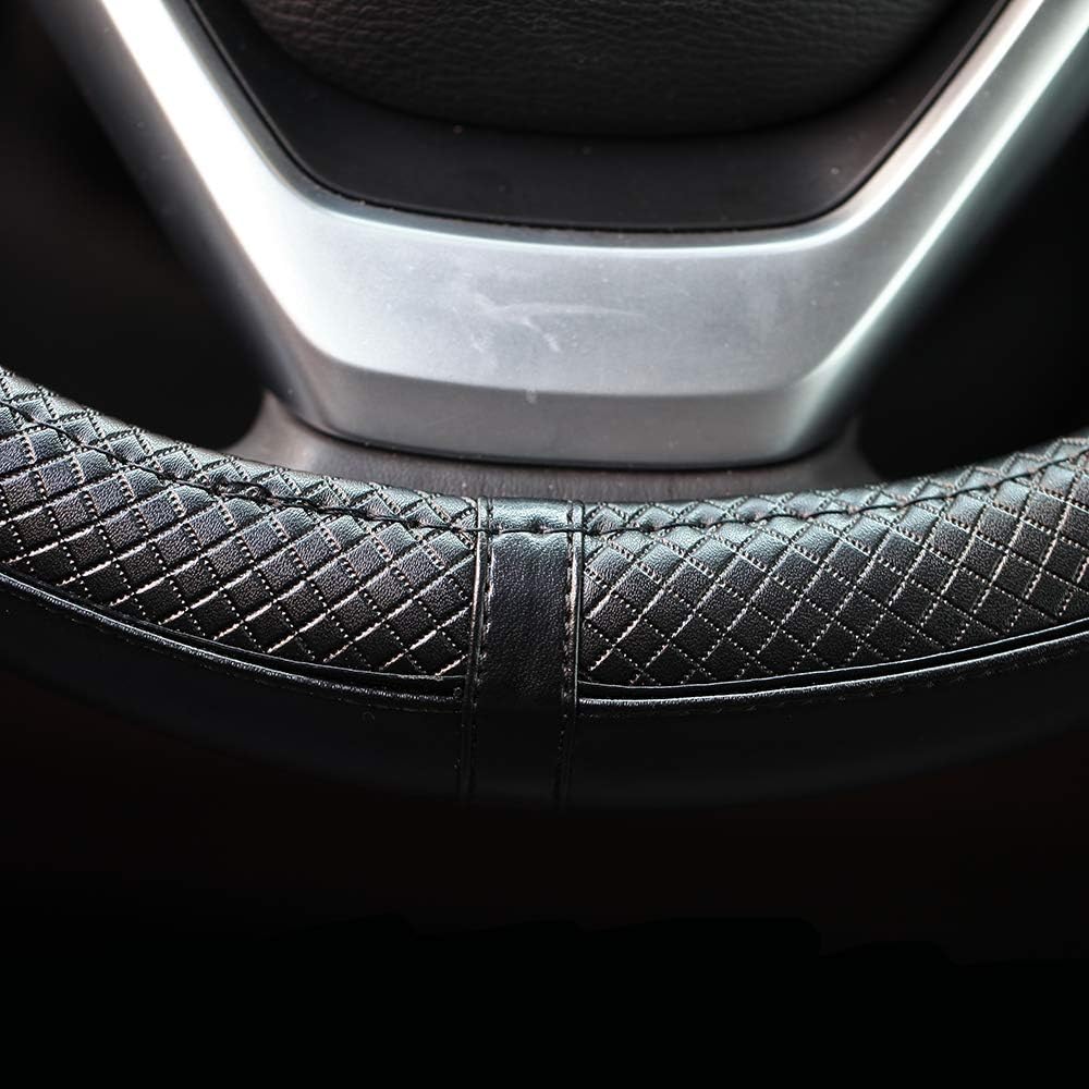 Valleycomfy Steering Wheel Covers Universal 15.75 inch - Genuine Leather, Breathable, Anti Slip &amp; Odor (Black with Black Lines, L(15" 1/2-16"))