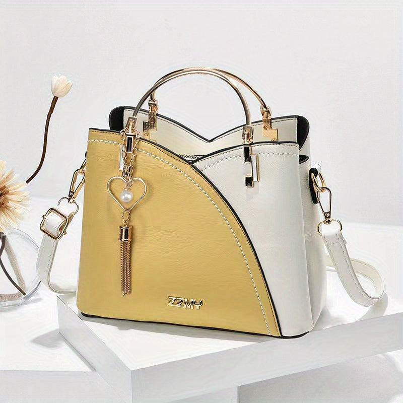 Color Block Satchel Bag, Trendy Tassel Decor Crossbody Bag, Women's Top Ring Purse (9.1*7.5*4.5) Inch