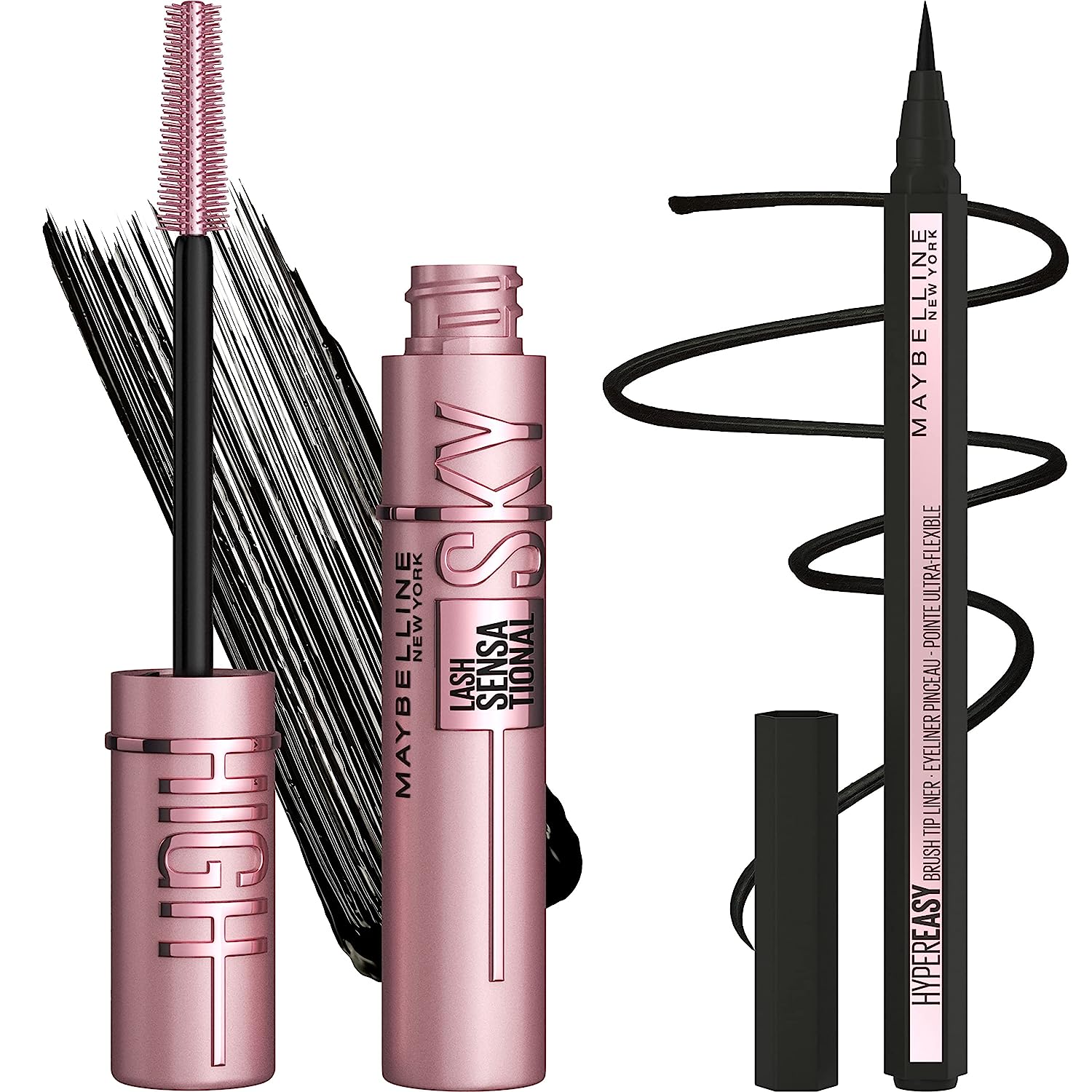 Maybelline Lash Sensational Sky High Washable Mascara + Hyper Easy Liquid Eyeliner Makeup Bundle, Includes 1 Mascara in Blackest Black and 1 Eyeliner in Pitch Black
