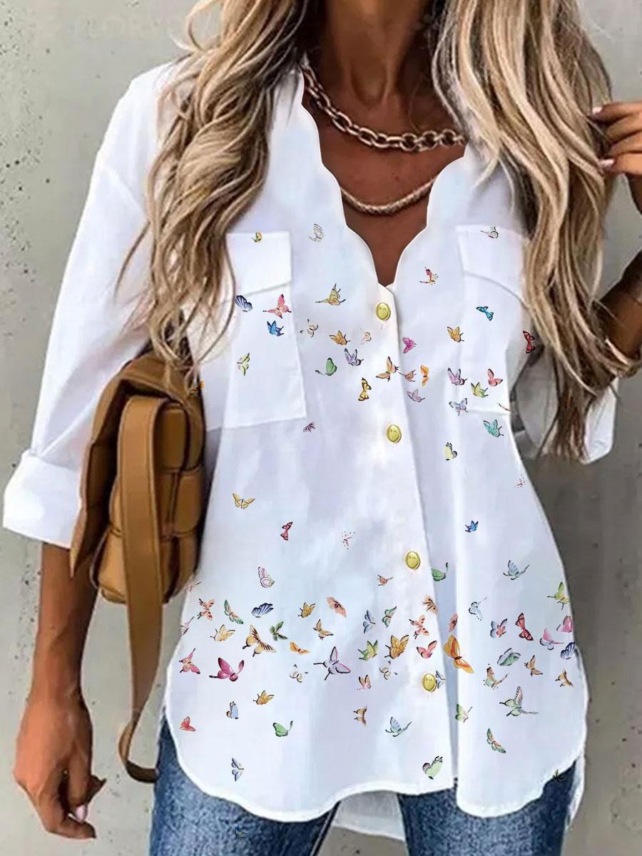 V-neck Butterfly Print Loose Long-sleeved Blouse