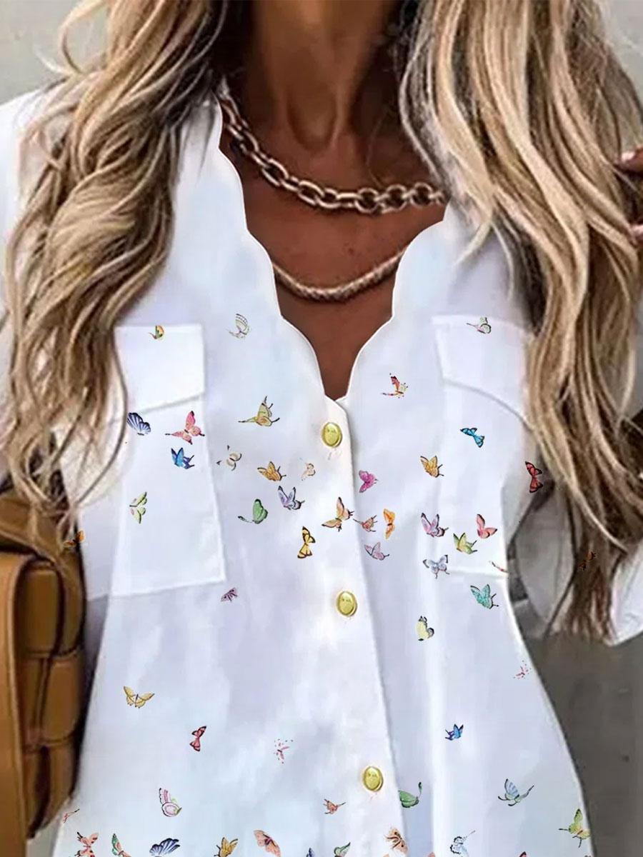 V-neck Butterfly Print Loose Long-sleeved Blouse