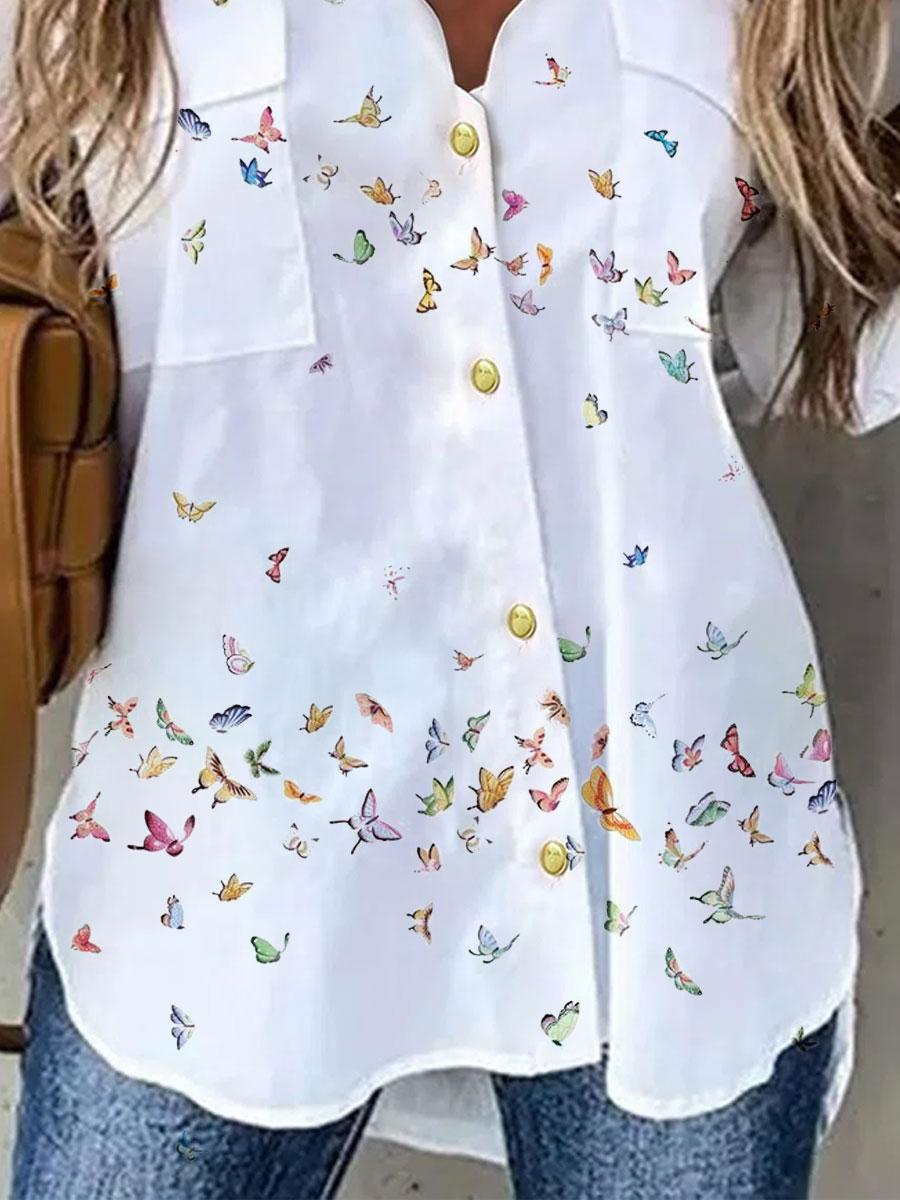 V-neck Butterfly Print Loose Long-sleeved Blouse