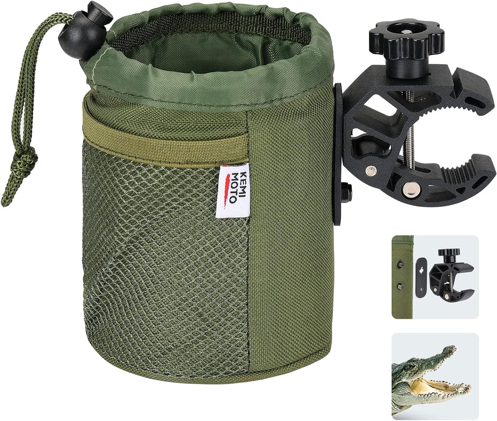 kemimoto Scooter Cup Holder, Oxford Fabric Motorcycle Drink Holder with 0.6"-1.5" Alligator Clamp, Universal Water Bottle Holder for Motorcycle, ATV, Scooter, Boat, Kayak, Bike, Walker, Army Green