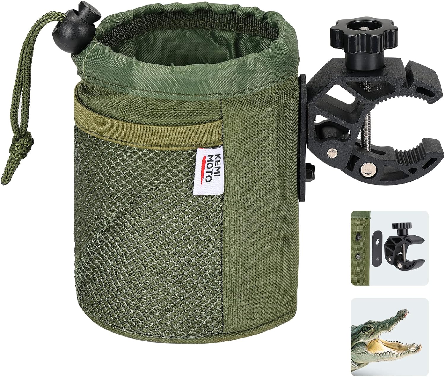 kemimoto Scooter Cup Holder, Oxford Fabric Motorcycle Drink Holder with 0.6"-1.5" Alligator Clamp, Universal Water Bottle Holder for Motorcycle, ATV, Scooter, Boat, Kayak, Bike, Walker, Army Green
