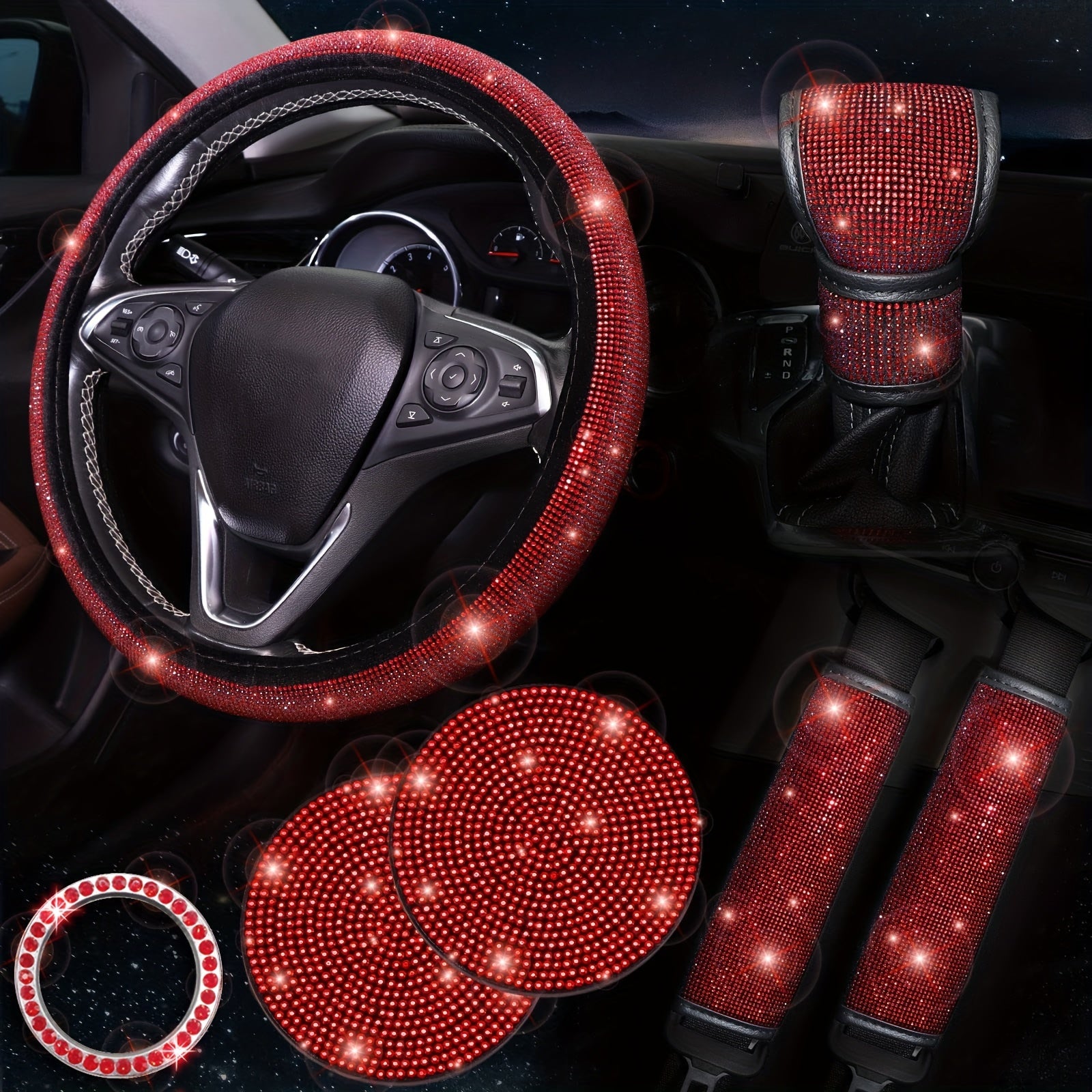 Bling Car Accessories For Women,Bling Steering Wheel Cover Bling Car Coasters Bling Set Seat Belt Shoulder Pads Ring Emblem Sticker Gear Shift Cover