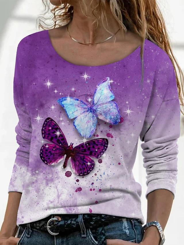 Fashion Casual Butterfly Print Long-sleeved T-shirt