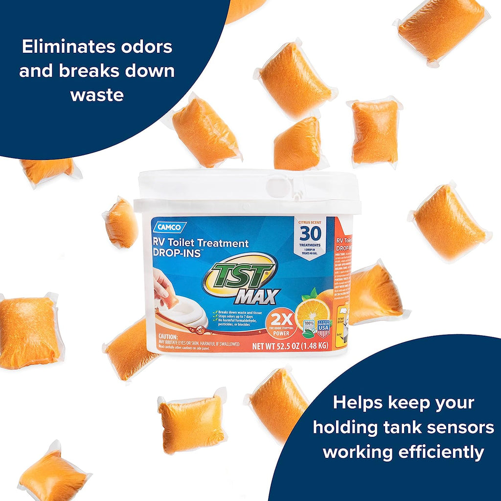 Camco TST MAX Camper/RV Toilet Treatment Drop-INs | Control Unwanted Odors and Break Down Waste and Tissue | Safe Septic Tank Treatment | Orange Scent | 30-Pack (41183)