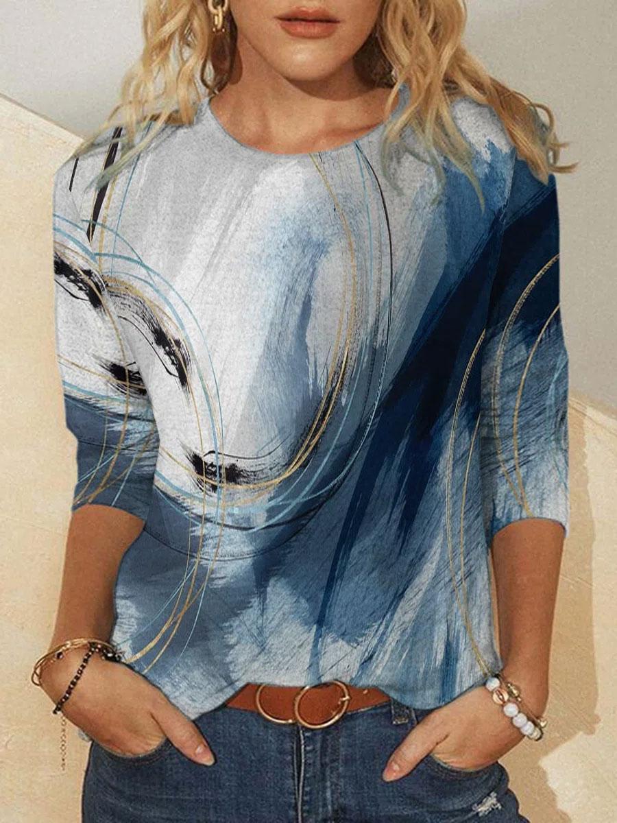 Round Neck Line Gradient Print Loose Long Sleeve T-shirt
