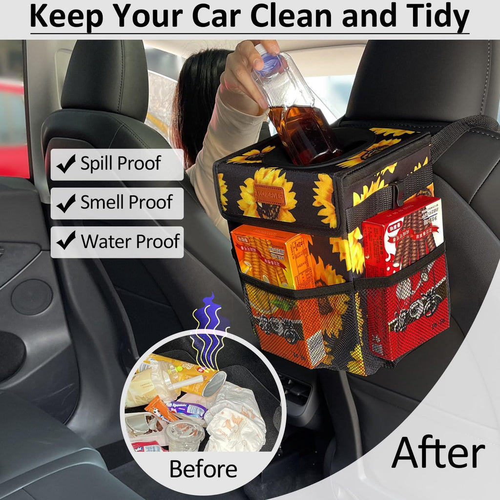 ELONGRIVER Car Trash Can Bin for Car Back Seat Leak Proof, Cute Car Trash Bag Hanging, Vehicle Trash Can for SUV Truck Van, Automotive Car Garbage Cans Front Seat Sunflower