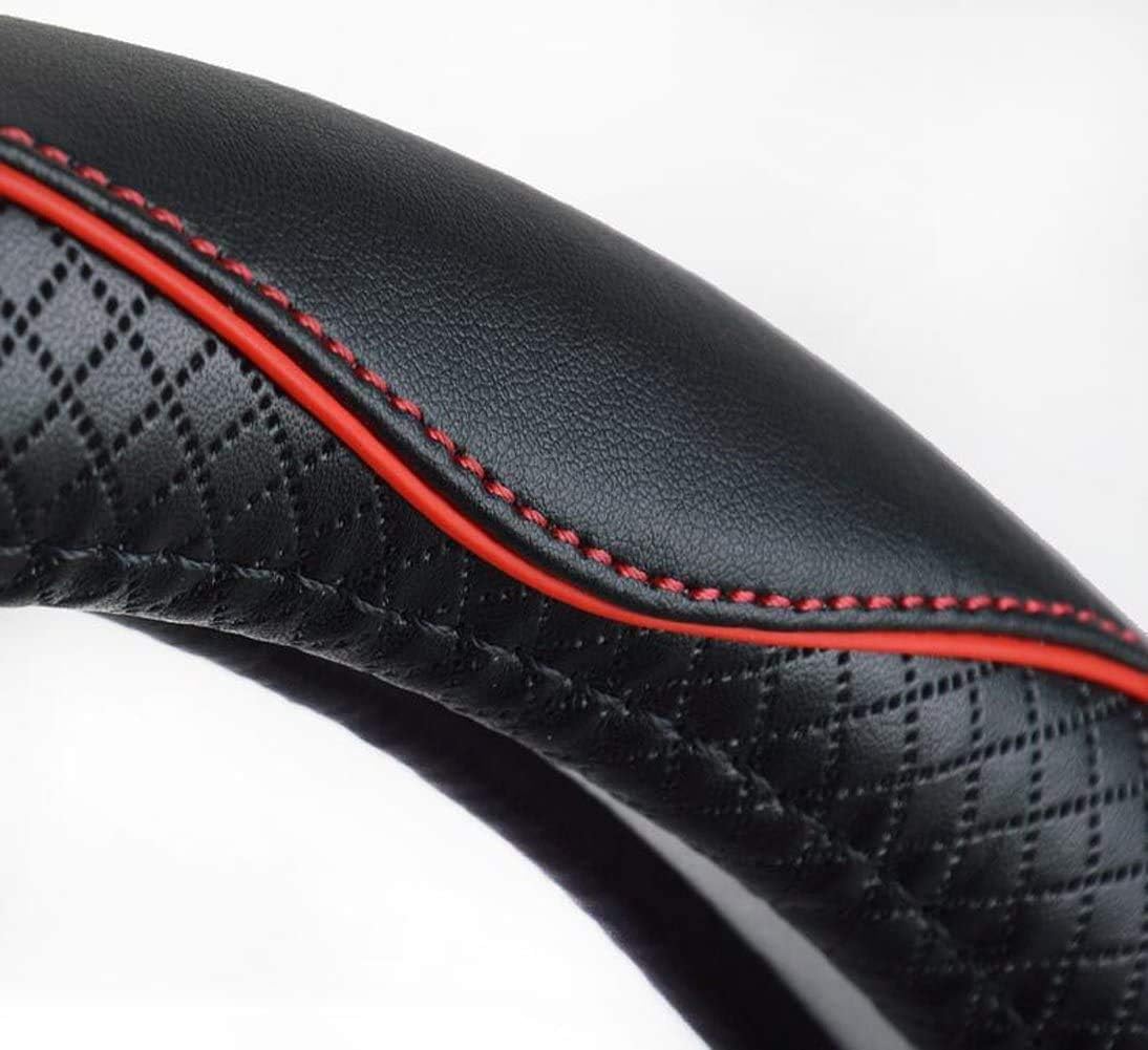 Valleycomfy Steering Wheel Covers Universal 15 inch - Genuine Leather, Breathable, Anti Slip &amp; Odor (Black with Red Lines, M(14" 1/2-15" 1/4))