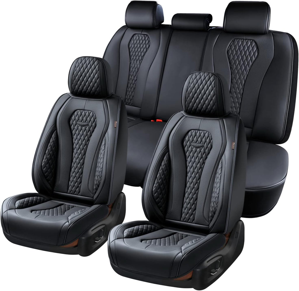 Coverado Leather Seat Covers Full Set, 5 Seats Universal for Cars, Waterproof Luxury Leatherette Cushions, Front and Rear Protectors, Auto Fit Most Vehicles Black