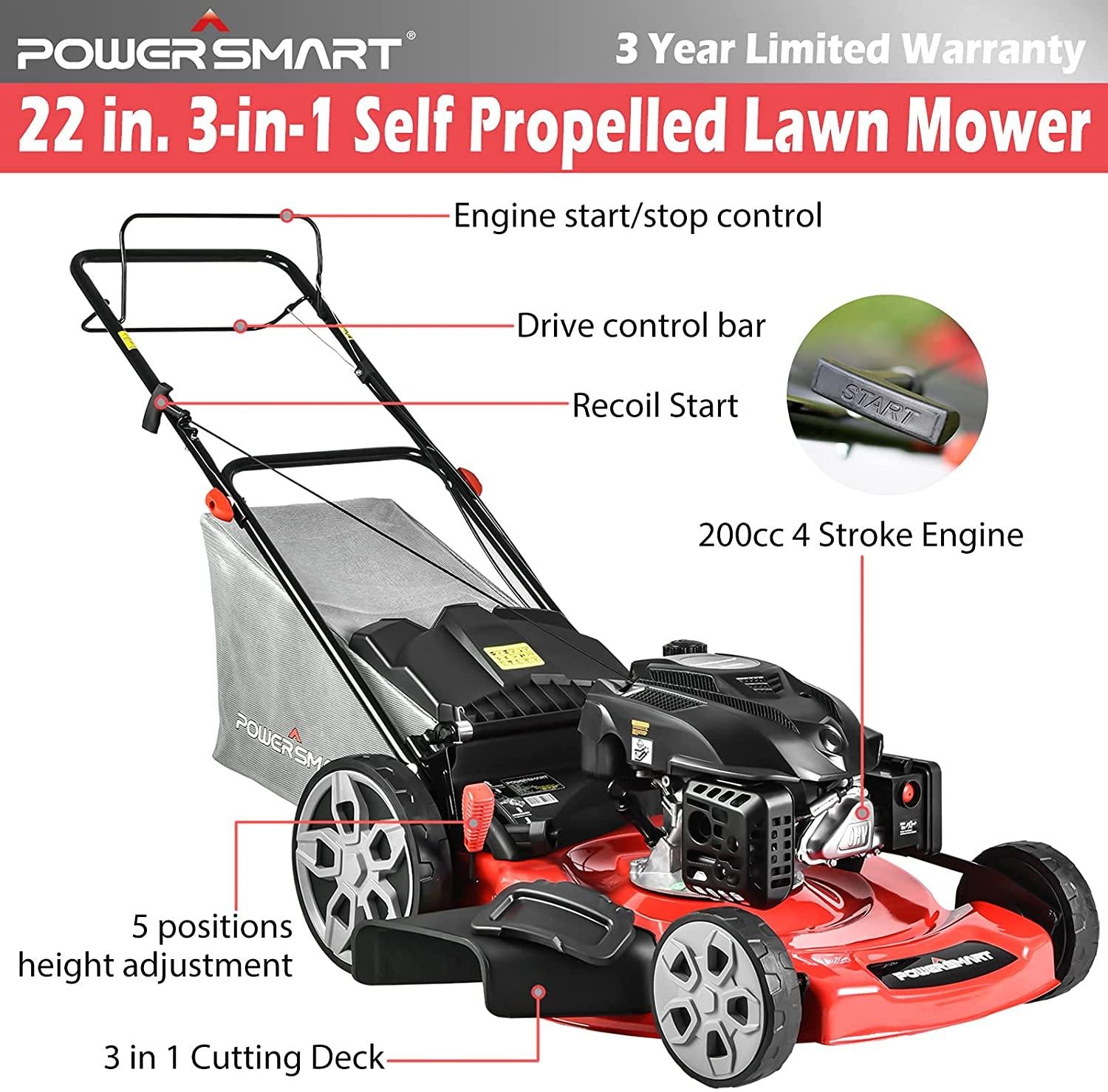 PowerSmart Self Propelled Lawn Mower, 22 Inch Lawn Mower Self-propelled, 200CC 4-Stroke Engine, 3 in 1 Gas Lawn Mower with Bag, 5 Cutting Heights Adjustable (1.2''-3.5'')