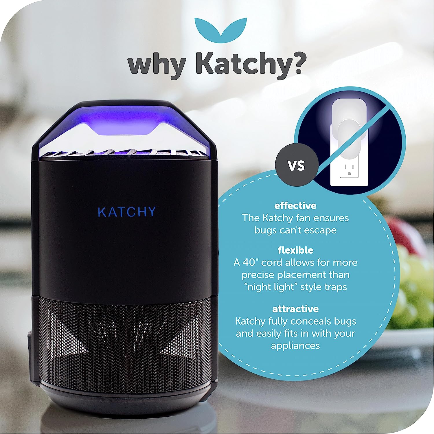 Katchy Indoor Insect Trap - Catcher &amp; Killer for Mosquitos, Gnats, Moths, Fruit Flies - Non-Zapper Traps for Inside Your Home - Catch Insects Indoors with Suction, Bug Light &amp; Sticky Glue (Black)