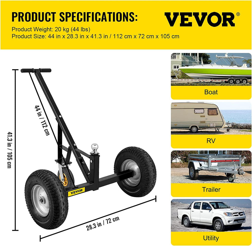 Adjustable Trailer Dolly, 800 Lbs Capacity Trailer Mover Dolly, 15.7" -23.6" Adjustable Height, 2" Ball Trailer Mover with 16" Wheels, Heavy-Duty Tow Dolly for Car, RV, Boat