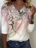 Women's casual long-sleeved pullover v-neck hummingbird floral print T-shirt