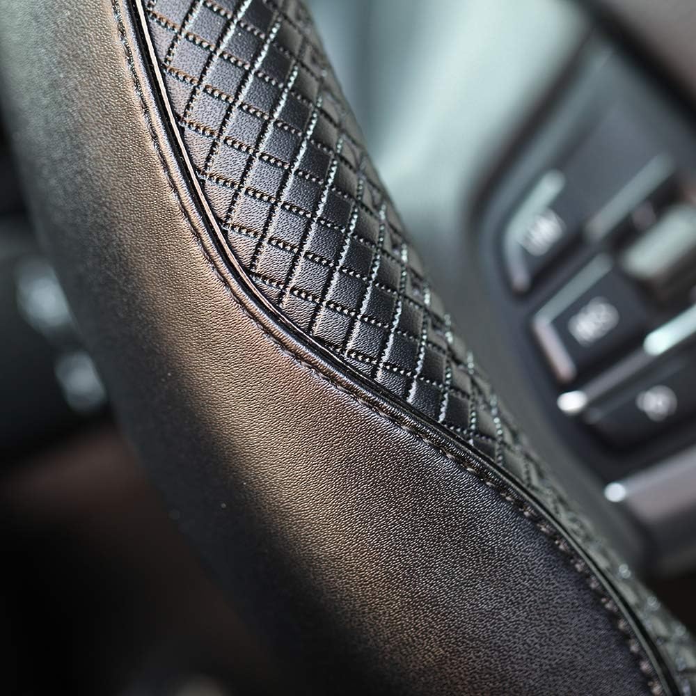 Valleycomfy Universal 15 inch Auto Car Steering Wheel Cover with Black Genuine Leather for HRV CRV Accord Corolla Prius Rav4 Tacoma Camry X1 X3 X5 335i 535i,etc