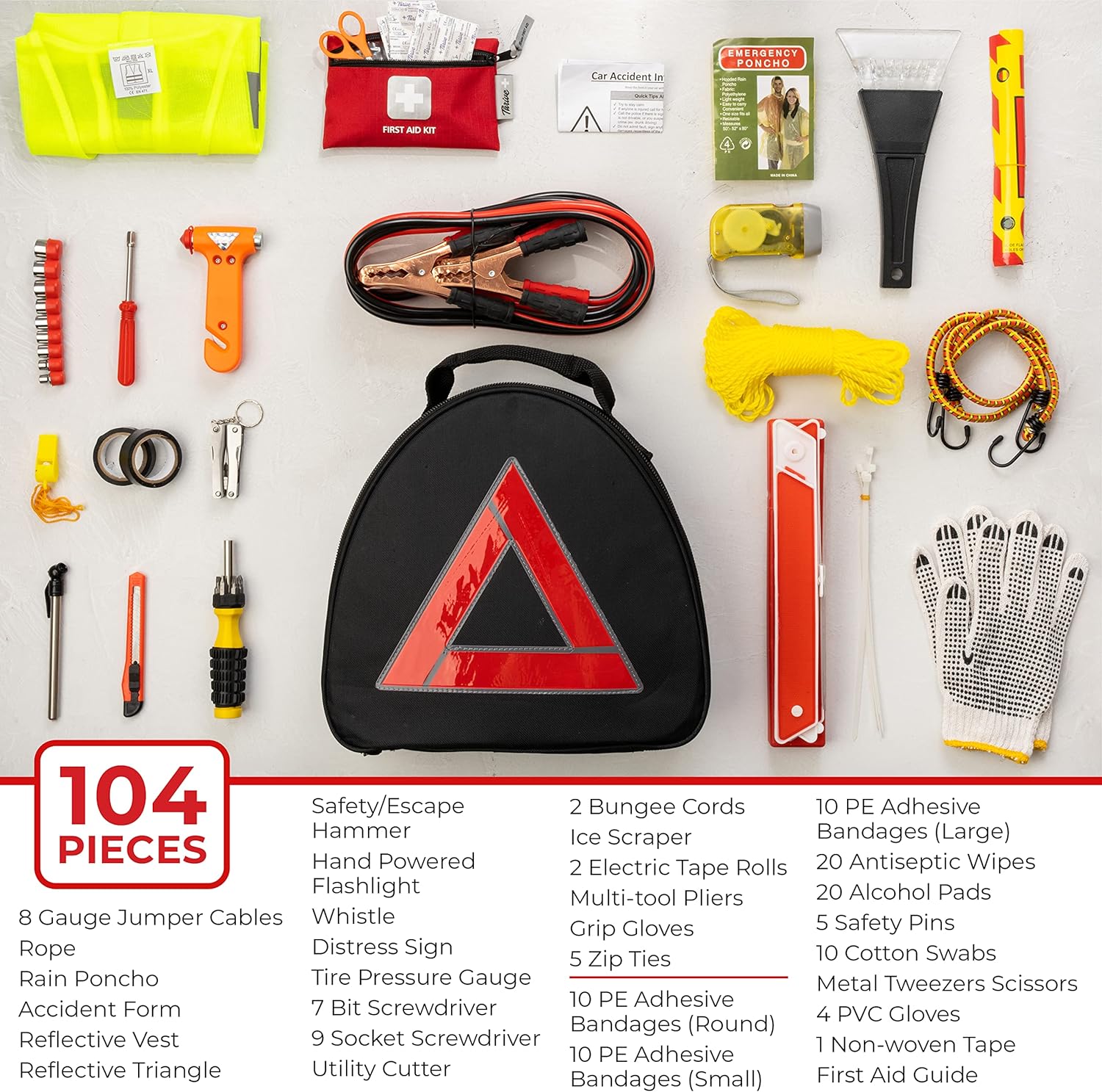 Thrive Roadside Emergency Car Kit - Car Safety Accessories and Tool Kit with Jumper Cables and Mini First Aid Kit - Car Emergency Kit for Women and Men (Triangle Bag)