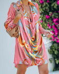 All Over Print Cowl Neck Long Sleeve Satin Shirt Dress