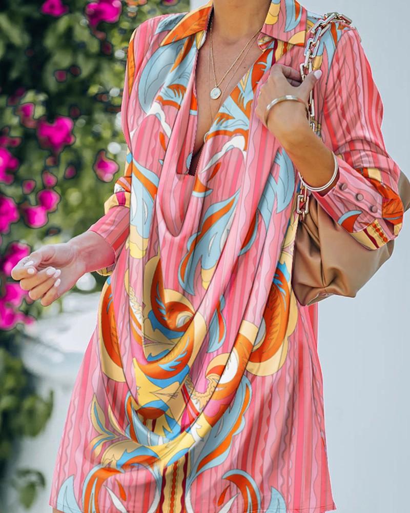 All Over Print Cowl Neck Long Sleeve Satin Shirt Dress