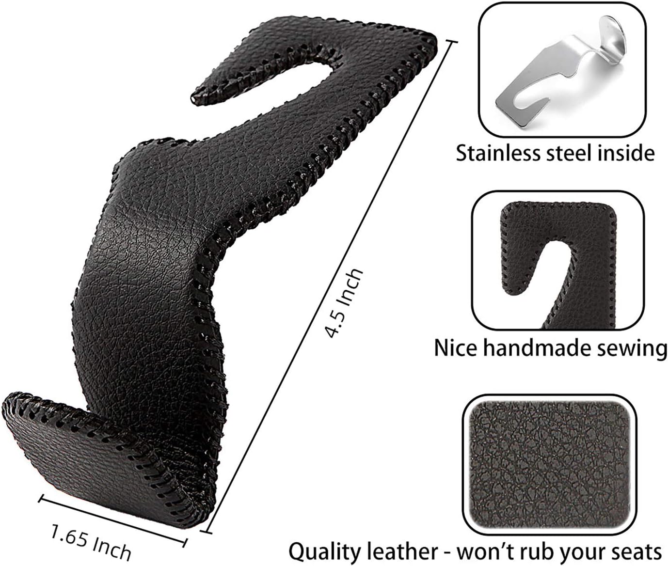 AMVOYOA Headrest Hooks for Car, Back Seat Organizer Black Leather Hanger Holder Hook, for Hanging Purses and Bags and Coats, Pack of 2