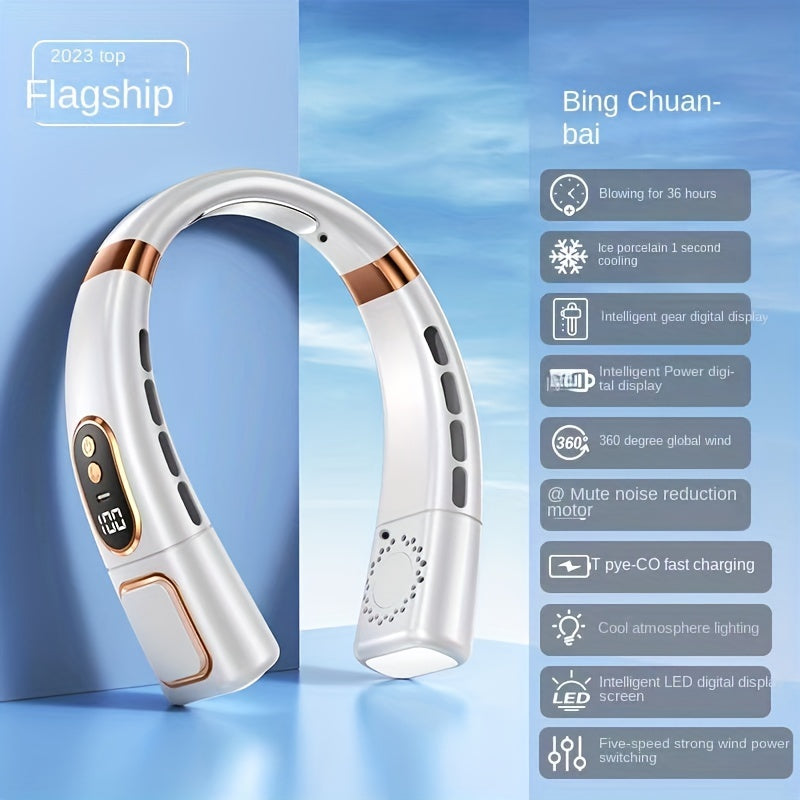 Portable Hanging Neck Fan USB Handheld Silent Small Electric Fan Multi-functional Leafless Mini With Lighting LED Digital Display