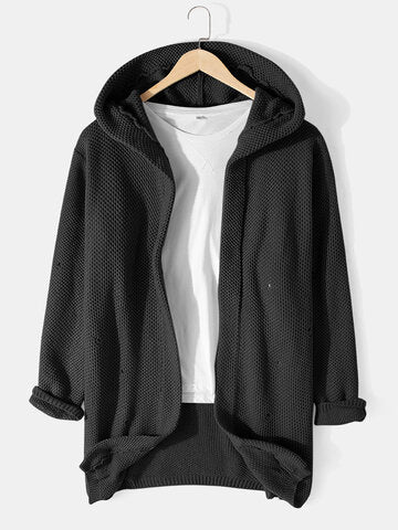 mens solid color knitted casual mid-length ripped loose sweater hooded cardigan