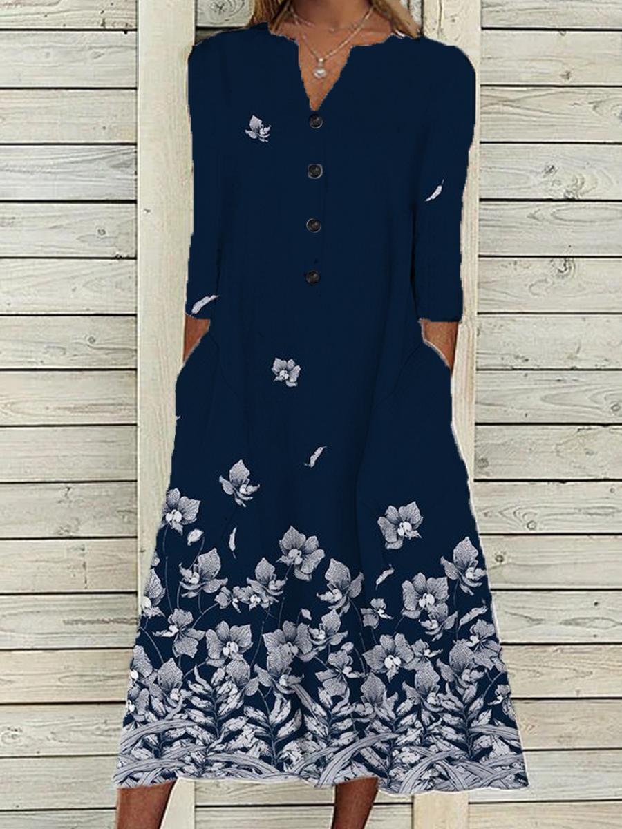 V-Neck Button Floral Oil Painting Print Casual Ladies Dress