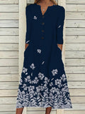V-Neck Button Floral Oil Painting Print Casual Ladies Dress