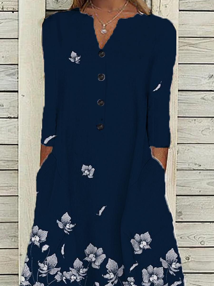 V-Neck Button Floral Oil Painting Print Casual Ladies Dress