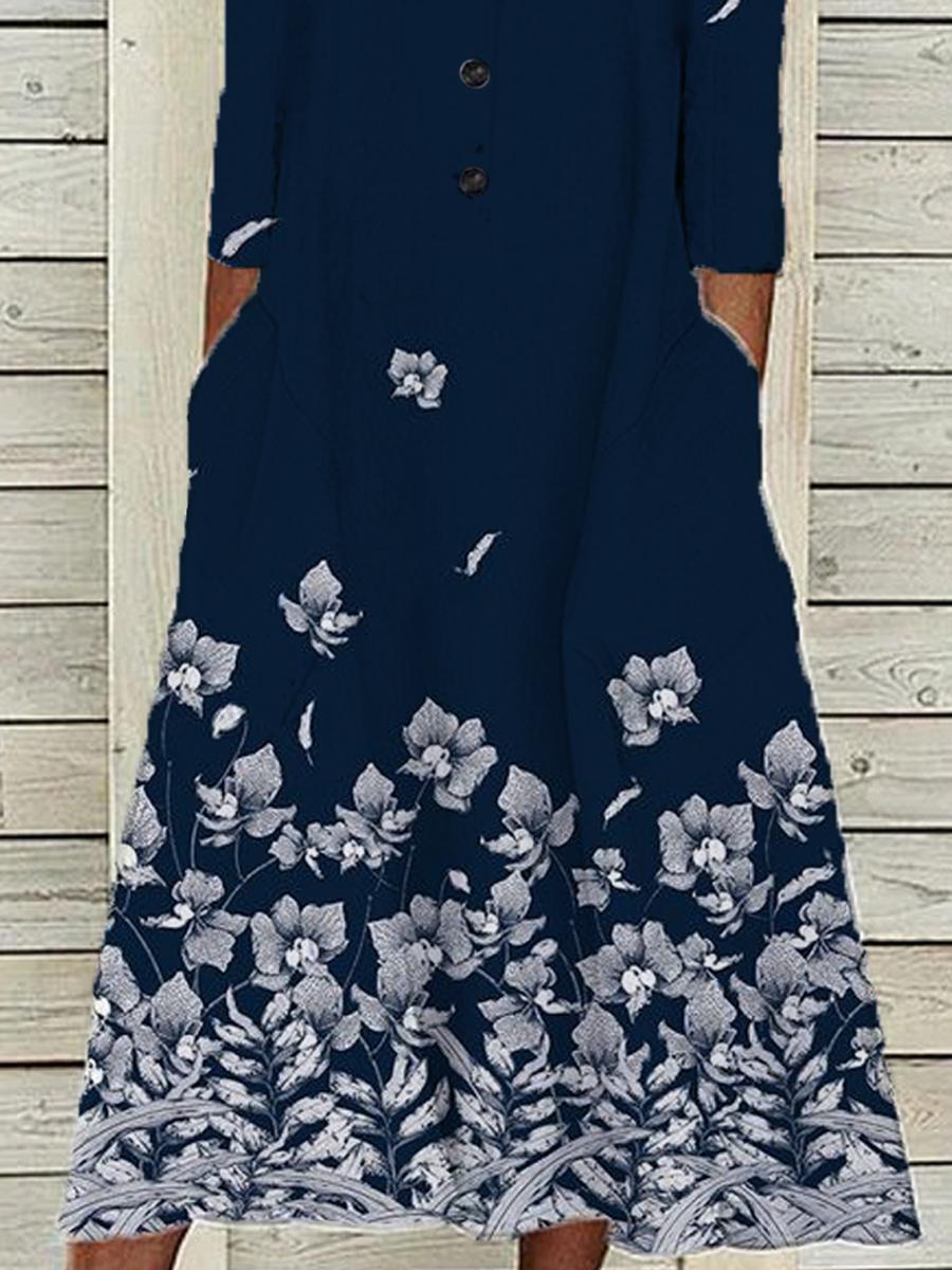 V-Neck Button Floral Oil Painting Print Casual Ladies Dress