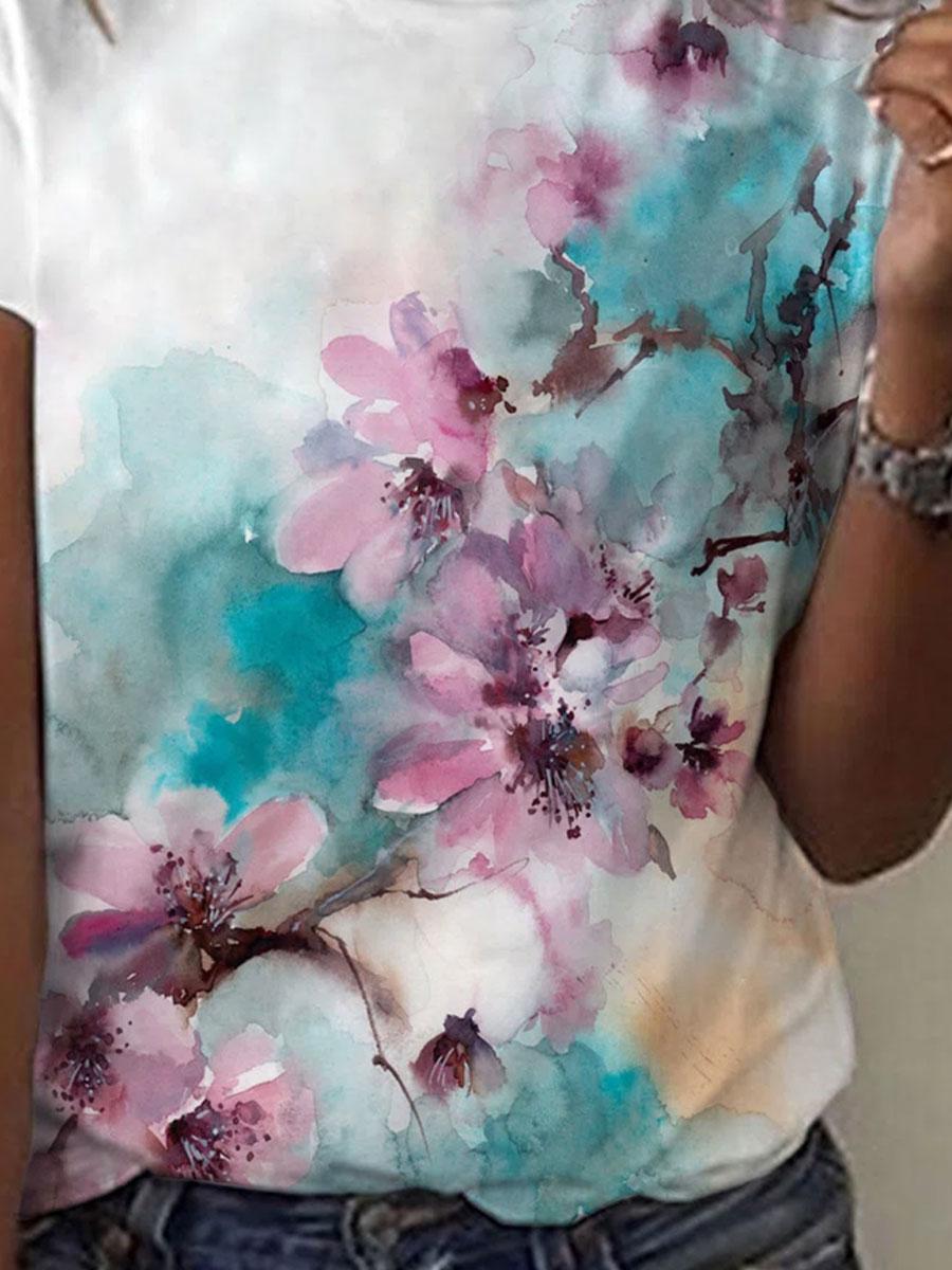 Round Neck Floral Print Loose Casual Short-sleeved T-shirt