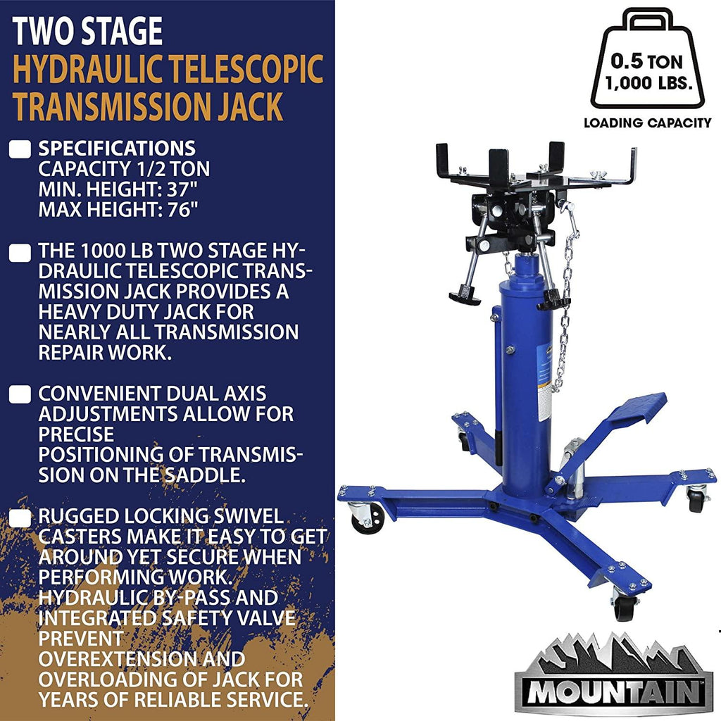 Mountain Transmission Jack 1,000 Lb Capacity Two StaHydraulic Telescopic Easy to Use Foot Pump Heavy Duty Steel Construction Dual Axis Pivoting Saddle MTN60504