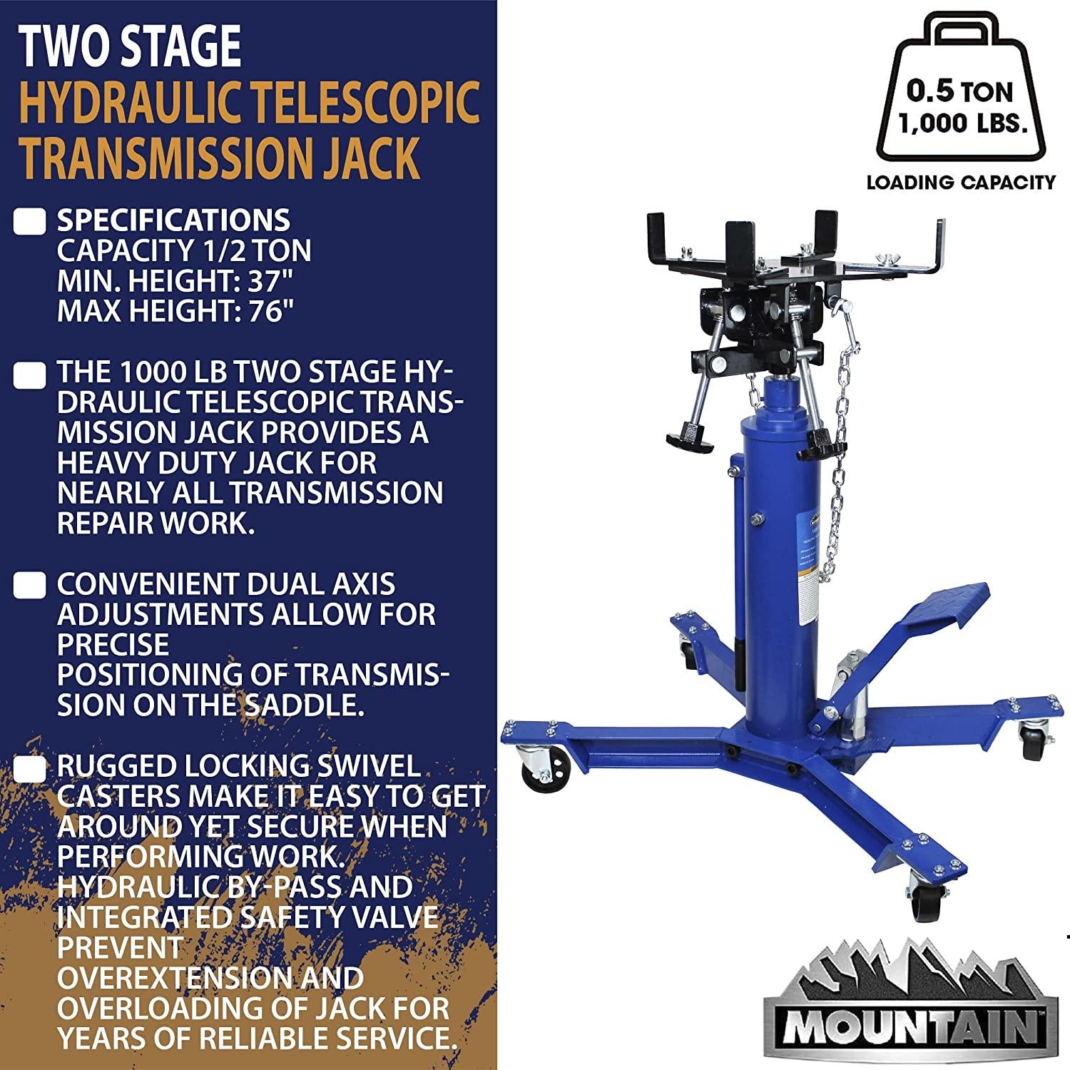 Mountain Transmission Jack 1,000 Lb Capacity Two StaHydraulic Telescopic Easy to Use Foot Pump Heavy Duty Steel Construction Dual Axis Pivoting Saddle MTN60504