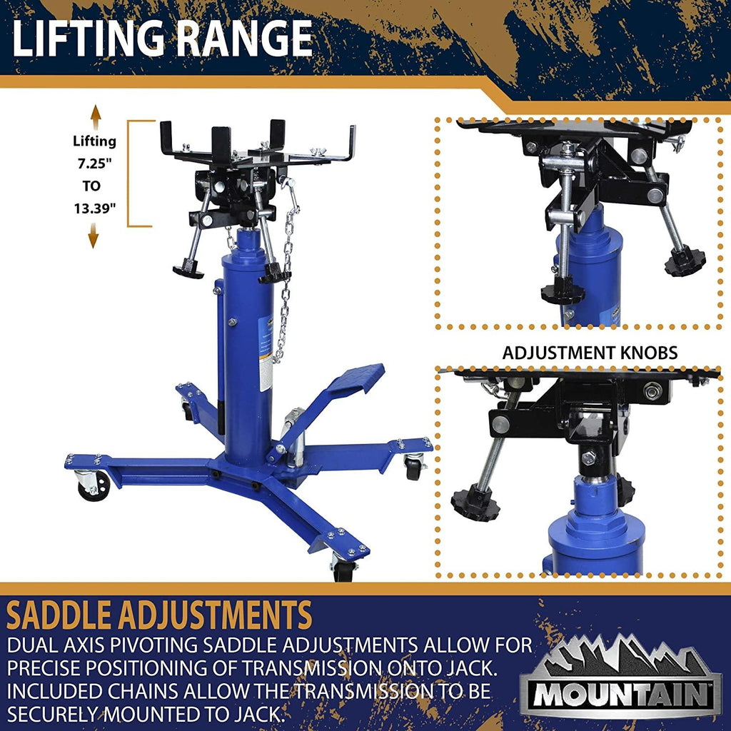 Mountain Transmission Jack 1,000 Lb Capacity Two StaHydraulic Telescopic Easy to Use Foot Pump Heavy Duty Steel Construction Dual Axis Pivoting Saddle MTN60504