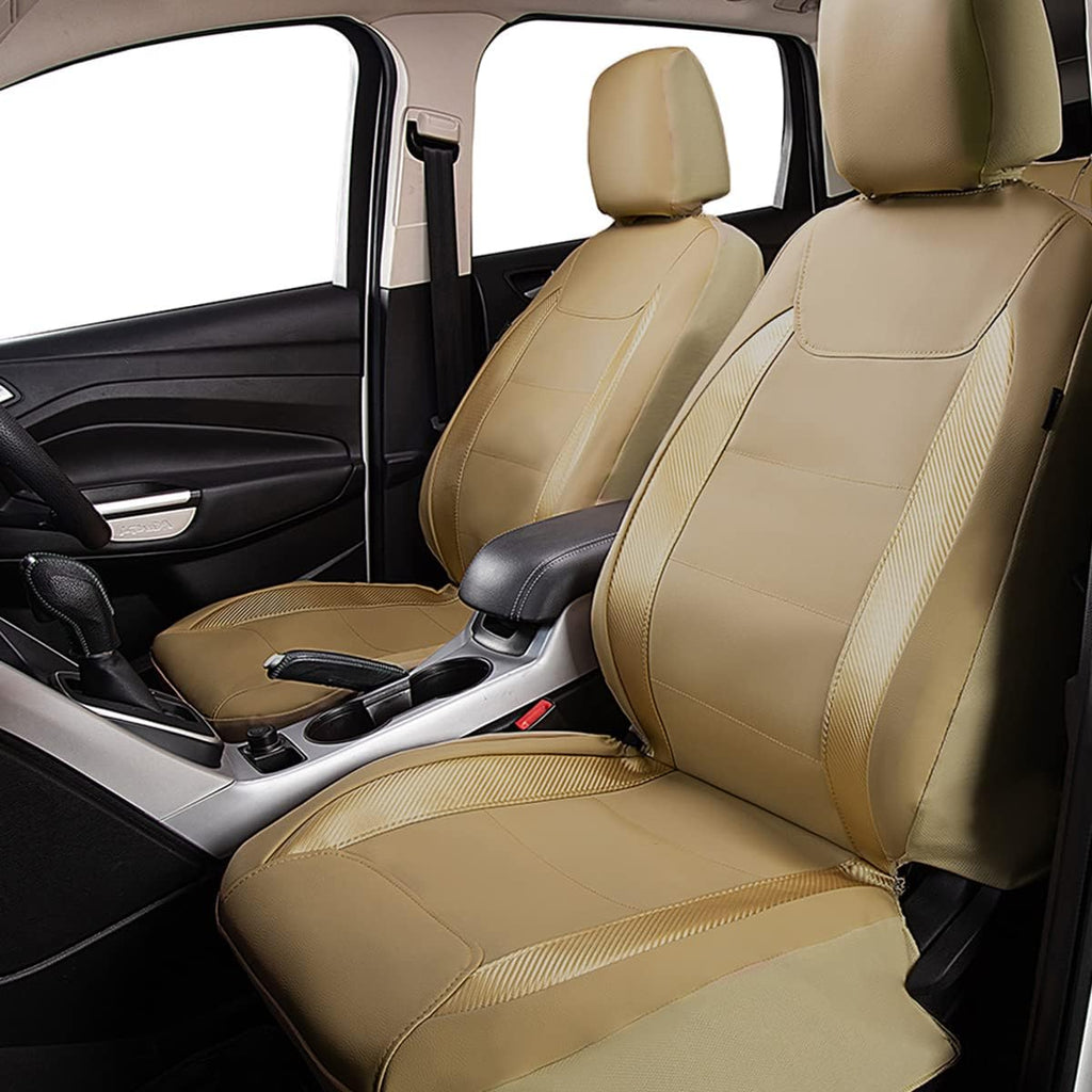 Flying Banner car seat Covers Protects Water Proof Faux Leather Carbon Fiber Fronts Gold Beige (Beige Beige, Front Pair)