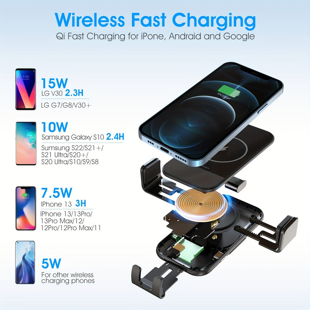 Wireless Car Charger, 15W Qi Fast Charging Auto Clamping Car Charger Phone Mount, Dashboard Air Vent Phone Holder, For  14/13/12/11/X, For Samsung For Galaxy S22+/S21/S10/Note 20